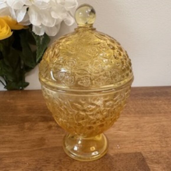Avon Yellow Glass Pedestal Candy Dish‎ Rose Pattern Textured Jar Vintage Decor - Picture 2 of 6